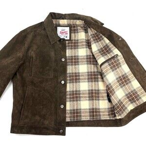 FLAVOR Mens L Suede Leather Jacket Motorcycle Trucker Jacket Coat Dark Brown